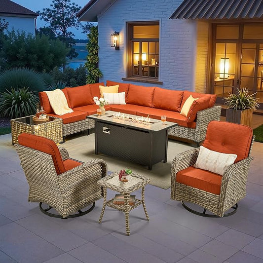 CAODOC 11-Piece Outdoor Sectional Sofa Set w/ 54" Fire Pit – L-Shaped Wicker Patio Furniture, Deep Seating & Swivel Rockers,Red-Striped