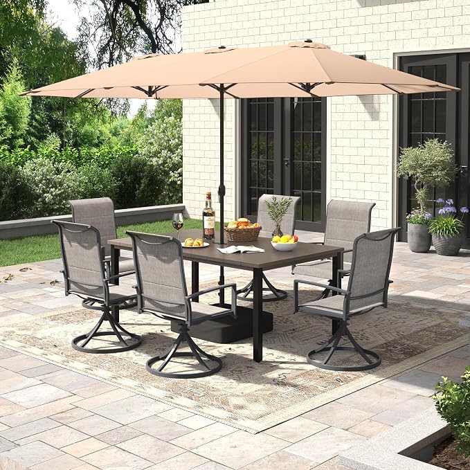 Outdoor Dining Set for 6, 8 Pieces Patio Table and Chairs Set with Umbrella, 63" Outdoor Dining Table and Padded Textilene Patio Swivel Chairs for Garden Backyard, Grey