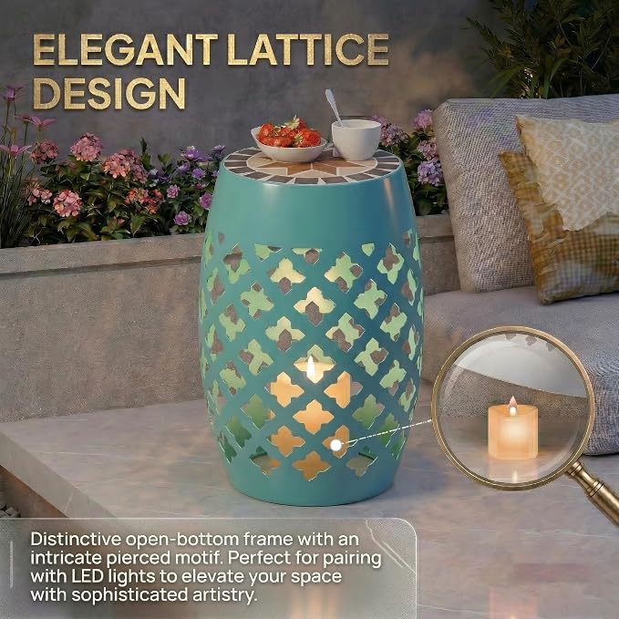 Light Turquoise 18" Patio Round Side Table, Ceramic Mosaic Tile Top Garden Stool with Decorative Lattice Design, Metal Outdoor End Table for Balcony, Porch, Yard, Plant Stand, 175lbs Capacity