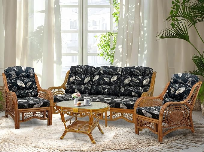 Malibu Lounge Set of 4: 2 Natural Rattan Wicker Chairs, Three-Seater Sofa and Coffee Table with Glass Handmade, Colonial Color with Black Leaf Cushions
