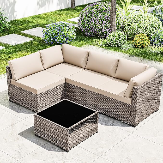 Joyside 5-Piece Patio Furniture Set, Rattan Outdoor Sectional Wicker Patio Conversation Set with Cushions and Coffee Table