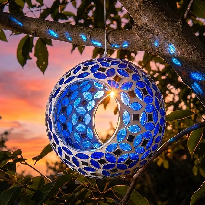 Sunnydaze 6-Inch Glass Mosaic Hanging Bird Feeder for Outdoors - Fly-Through Glass Bird Feeder for Cardinals, Jays, Finches and More - Lavender Mosaic