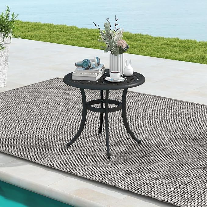 Tangkula 24 Inch Patio Side Table, Cast Aluminum End Table with Adjustable Footpads, Outdoor Small Coffee Table, Round Metal Patio Table for Poolside, Backyard, Balcony (1, Black)