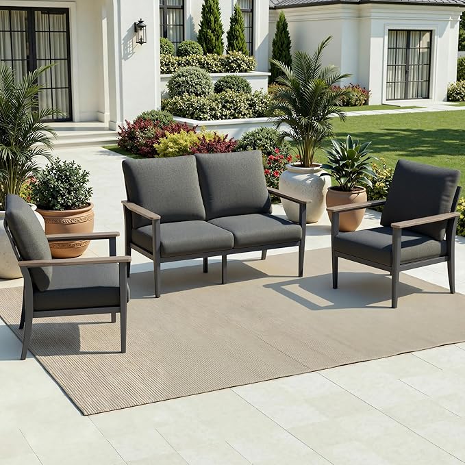 4-Seat Outdoor Patio Furniture Set Aluminum Sectional Sofa Set, Patio Conversation Set with High Backrest & Thickened Cushions for Garden, Backyard, Poolside, Dark Grey