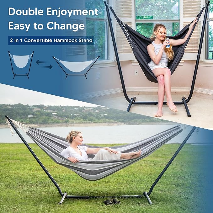 SUNCREAT 2-in-1 Convertible Backyard Fabric Hammock with Stand, Large Hammocks for Outside, Light Gray & Dark Gray
