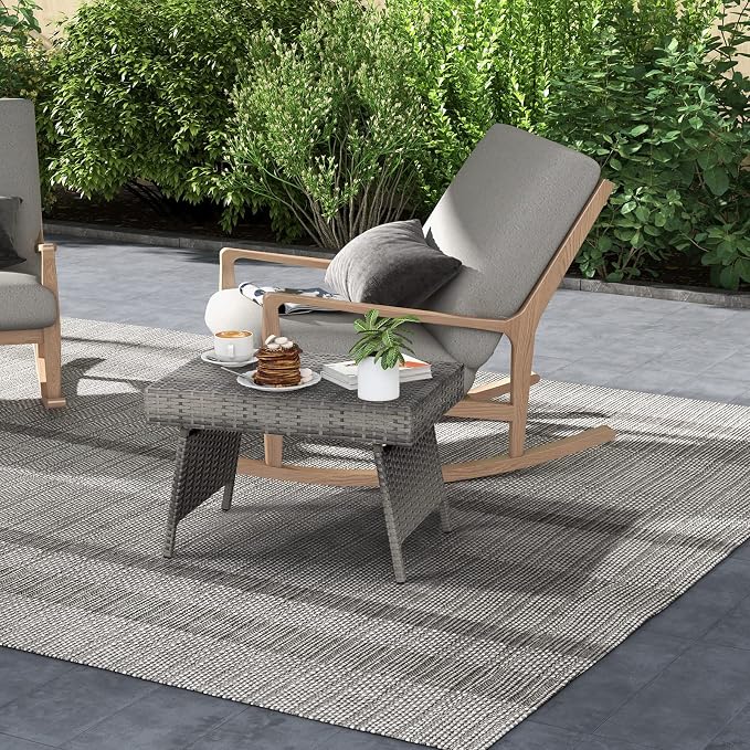 DREAMADE Rattan Side Table, Folding Small Patio Wicker Desk Outdoor Deck Furniture w/PE Rattan, Robust Metal Structure, Outdoor Coffee Table for Patio, Deck, Yard, Poolside, Garden, Balcony (Gray)
