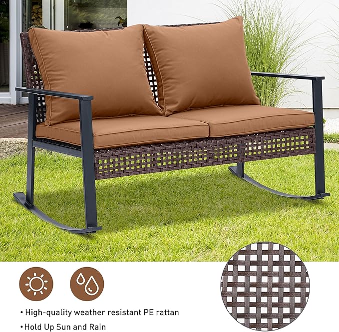 Ainfox Outdoor Wicker Loveseat Rocking Chair, Patio Rattan Rocker Chair with Cushions，All-Weather Modern Cozy Rocking Wicker Furniture for Garden Balcony Porch, Brown