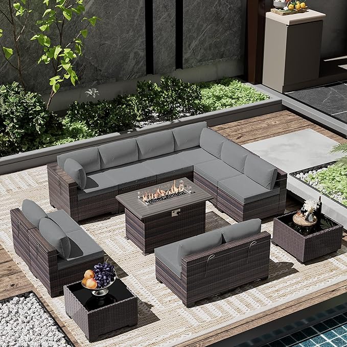 Outdoor Patio Furniture Set with Gas Fire Pit Table, 13 Pieces Outdoor Furniture Set Patio Sectional Sofa w/43in 55000 BTU Propane Fire Pit, PE Wicker Rattan Patio Conversation Sets - Grey.