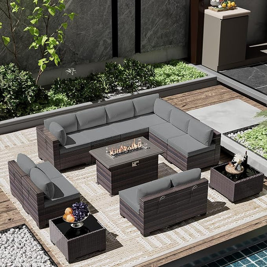 Outdoor Patio Furniture Set with Gas Fire Pit Table, 13 Pieces Outdoor Furniture Set Patio Sectional Sofa w/43in 55000 BTU Propane Fire Pit, PE Wicker Rattan Patio Conversation Sets - Grey.