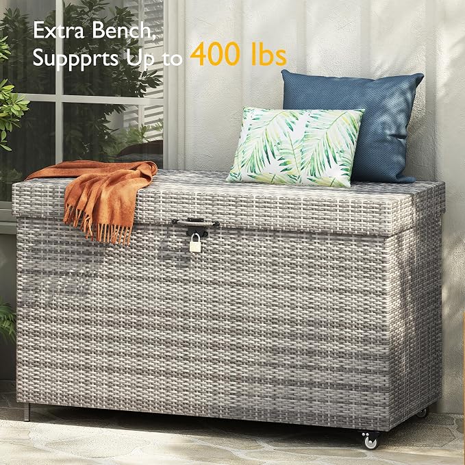 200 Gallon Wicker Deck Box with Wheels, All-Weather Outdoor Storage Box, Rattan Storage Bin for Patio Furniture, Outdoor Cushions, Pool Storage and Garden Tools - Grey