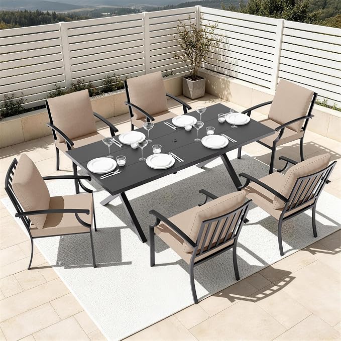 7 PCS Outdoor Patio Dining Set,Patio Table and Chairs Metal Outdoor Patio Furniture Set with Umbrella Hole,Dining Table Set with 6 Chairs for Deck,Backyard and Garden,Brown