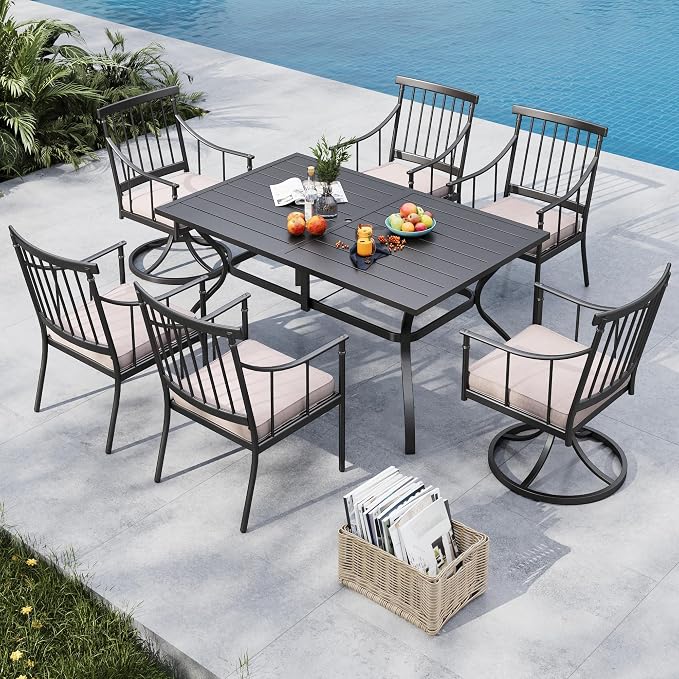 MFSTUDIO 7-Piece Patio Dining Set, Swivel Metal Chairs, Umbrella Hole | 60" Rectangular Metal Table, Removable Cushions