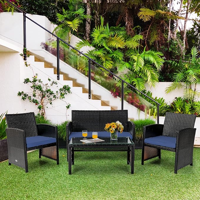 COSTWAY 4 Piece Patio Furniture Set, Outdoor PE Rattan Wicker Sectional Sofa with Cushion and Coffee Table, Patio Conversation Sets for Balcony Lawn Porch Patio Backyard Garden Poolside, Navy