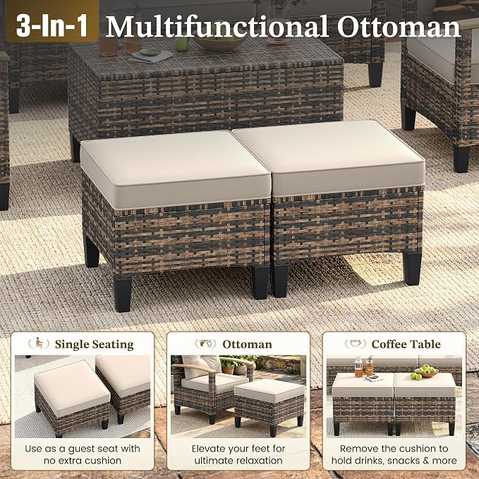 UDPATIO Patio Furniture Set, 6 Pieces Outdoor Wicker Conversation Set with 2 Ottomans & Storage Table for Lawn, Porch, Garden, Backyard, Khaki