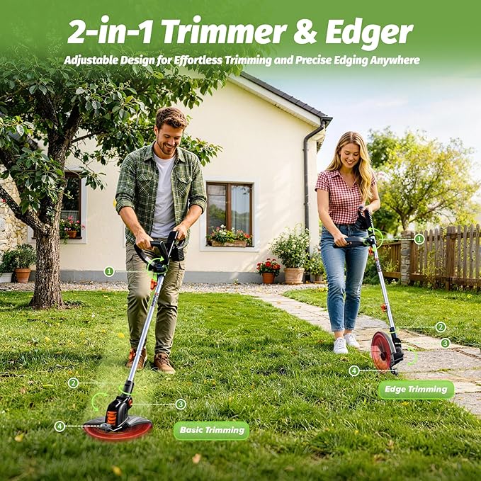 4000mAh Weed Wacker Weed Eater: 21V Electric Cordless Edger and String Trimmer 2in1 Lawn Tool Battery Powered 12 Inch Grass Cutter with 2Pack 4.0Ah Batteries and Charger for Yard Garden Home Use
