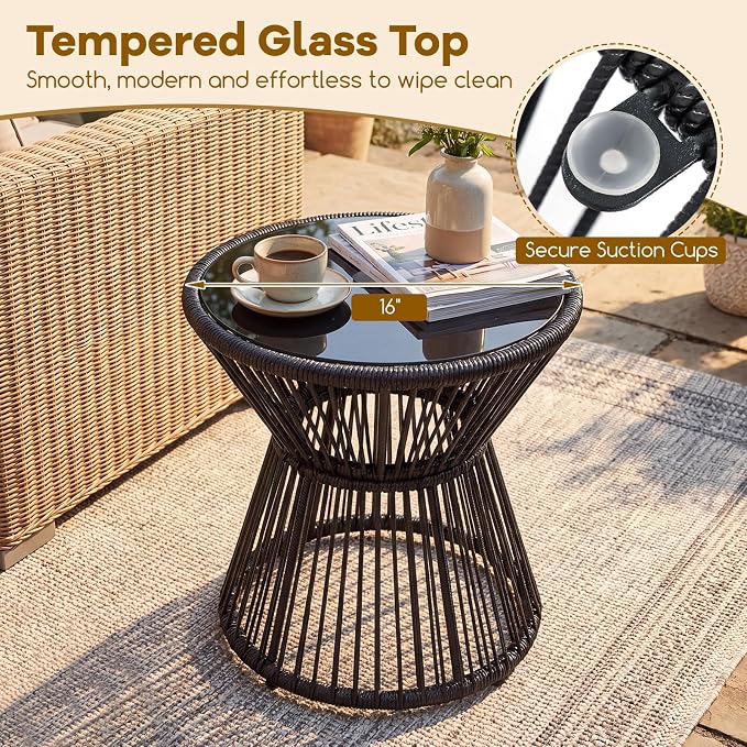 Tangkula Outdoor Side Table with LED Warm Light, PE Rattan Hourglass-Shaped End Table with Tempered Glass Top, Battery Operated Accent Coffee Table for Patio, Porch, Balcony & Living Room (2)