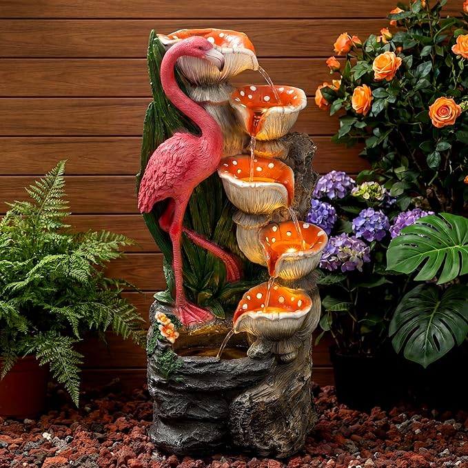 Redlife 39" Outdoor Waterfall Fountain, Flamingo & Mushroom 5-Tier Cascading Water Feature with LED Lights, Resin Garden Fountain with Adjustable Pump, Backyard Patio Decor