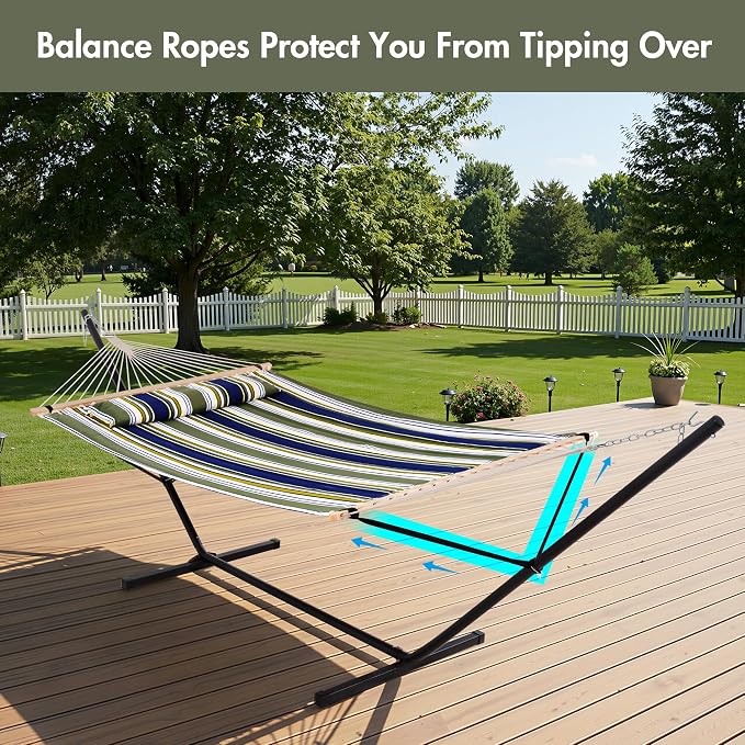 ANOW Double Hammock with Stand 12FT, Heavy Duty Hammocks with Stand for Outside, 450 LBS Weight Capacity, Blue & Green Stripes