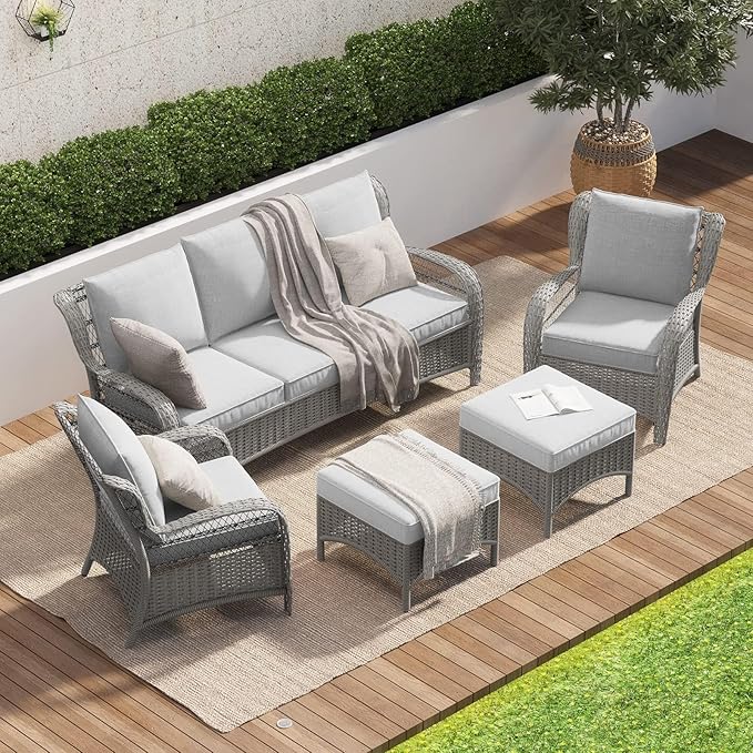 Grand patio Outdoor Furniture Set, 5-Piece High Back Open Weave Wicker Olefin Cushion Patio Seating Set, Patio Conversation Sets with 1 Three-Seat Sofa, 2 Chairs, 2 Ottomans, Forsythe Gray