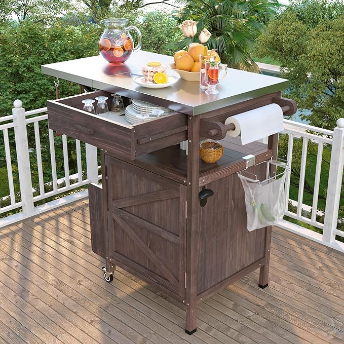 Outdoor Grill Cart with Stainless Steel Top, Solid Wood Outdoor Storage Cabinet with Drop Leaf, One Drawer, Towel Rack, Rolling Kitchen Cart with Lockable Wheels for Lawn Garden (Brown@072)