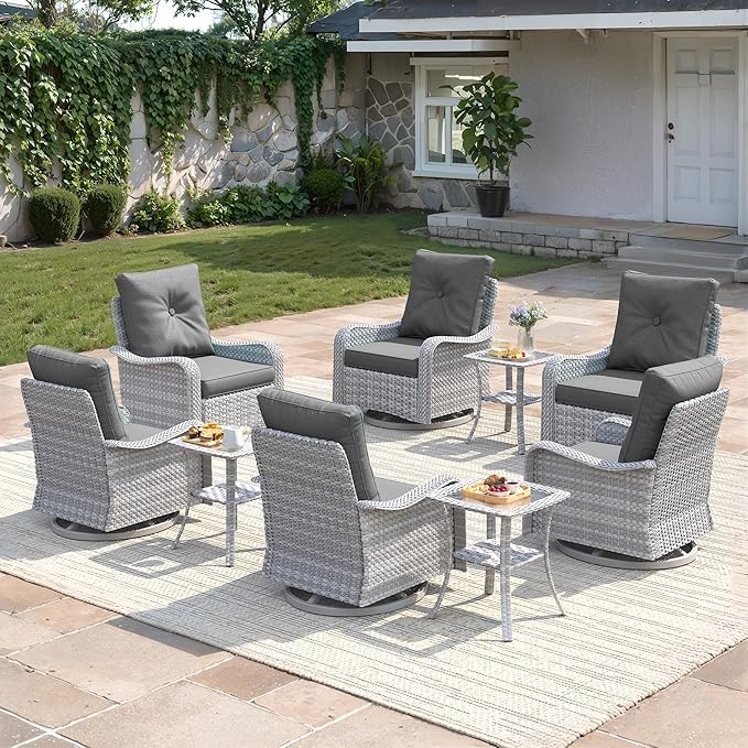 9-Piece Patio Furniture Set, Outdoor Swivel Rocking Chairs with 4" Thick Cushions & Side Table, All-Weather PE Rattan & Rust-Resistant Steel Frame Conversation Set for Porch, Garden, Backyard, Black