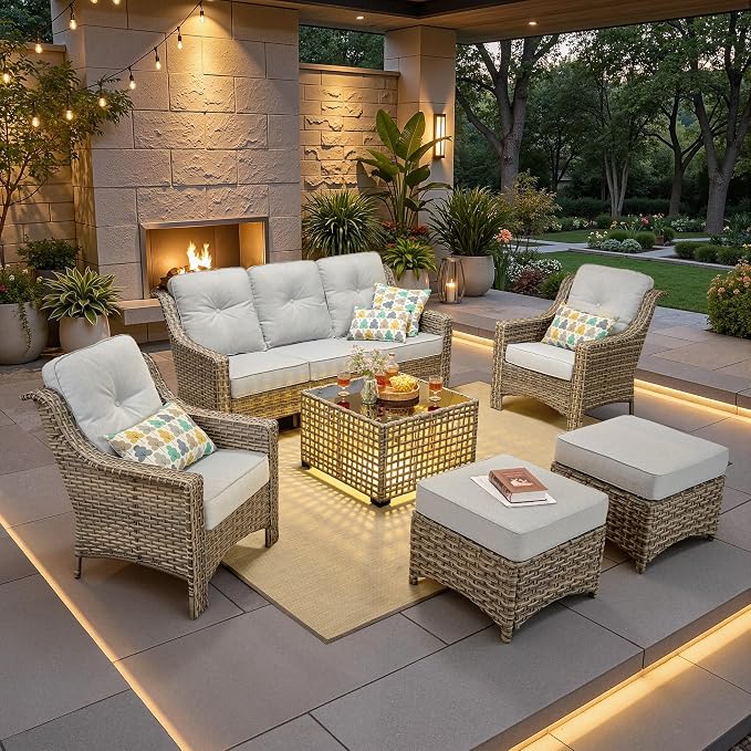 6 PCS Patio Furniture Set, Deep Seat High Back Outdoor Conversation Set with Ottomans, Wicker Outside Furniture with Solar Light Coffee Table for Porch Backyard Balcony, Sunroom, Light Grey
