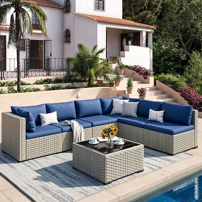 Patio Furniture Set, 7-Piece Outdoor Sectional All-Weather Wicker Patio Conversation Set for Backyard (Navy Blue Cushions with Grey Rattan)