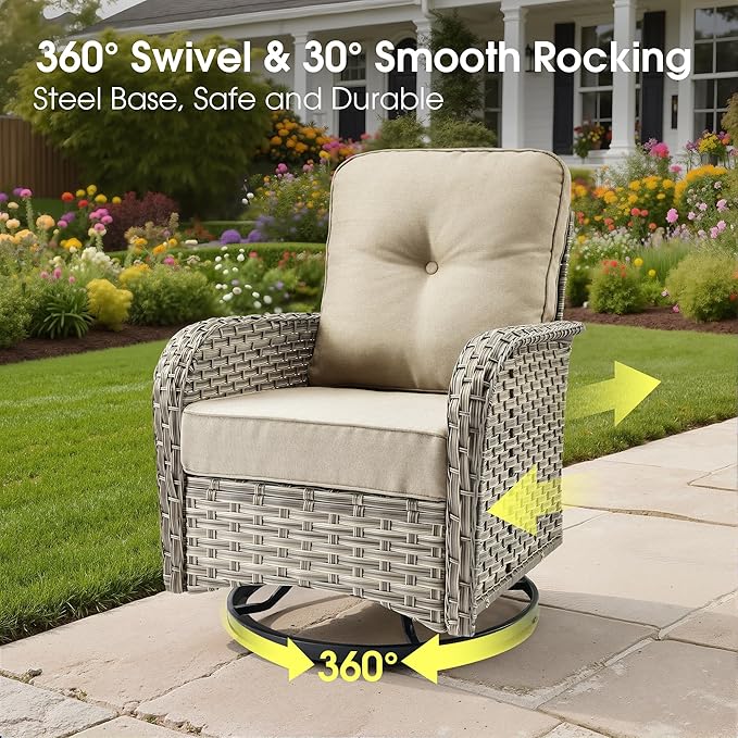 Rattan Patio Furniture Set with Fire Pit Table,9 Pieces Outdoor Sectional with Swivel Chairs Ottoman,Out Door Furniture Conversation Set,Beige