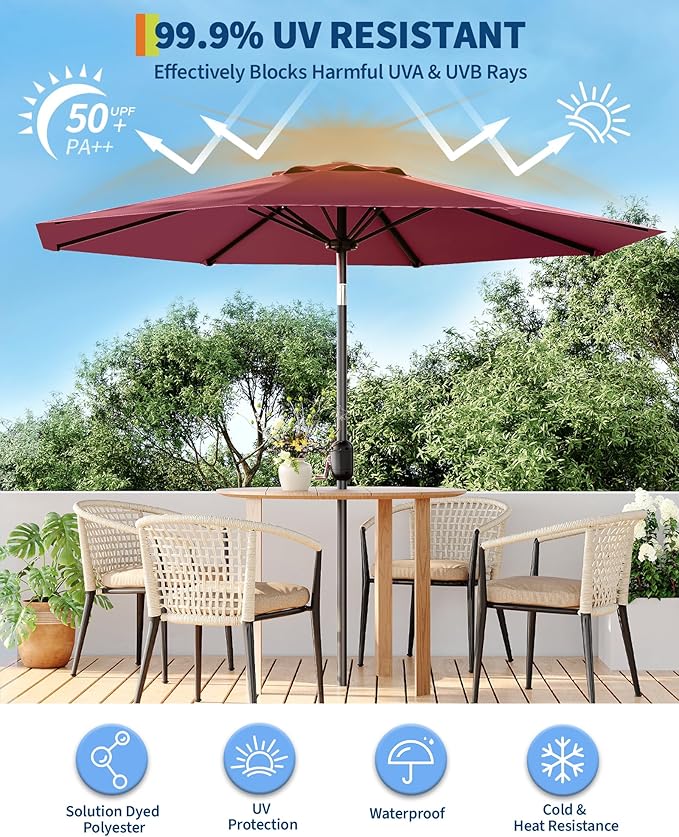 TROPOW 9FT Outdoor Patio Umbrella with 99.9% UV Protection Double-Layer Canopy, Strong Iron Frame, Crank Tilt & Detachable Pole for Easy Use, Perfect for Garden, Deck, Pool, Backyard & Patio Table,