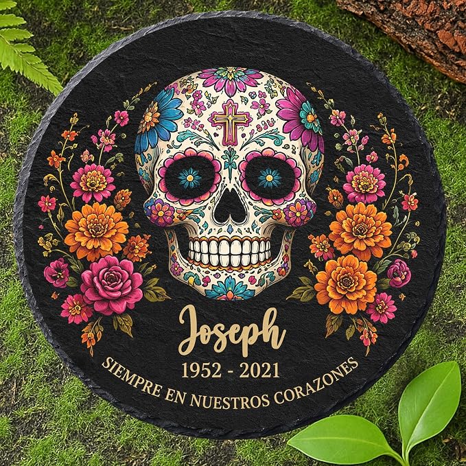 Personalized Sugar Skull Memorial Garden Stone, Dia de los Muertos Garden Stones for Loss of Loved Ones, Bereavement Sympathy Gift, Grieving Gifts, Weatherproof Outdoor Memorial Natural Stone