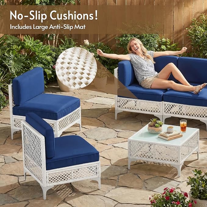 7-Pcs Outdoor Sofa with Thick Cushion, Lightweight Patio Sectional with Effortless Assembly, Space-Saving Outdoor Furniture Set & Easy-Clean Open Weave Wicker for Backyard, Garden (Navy Blue)