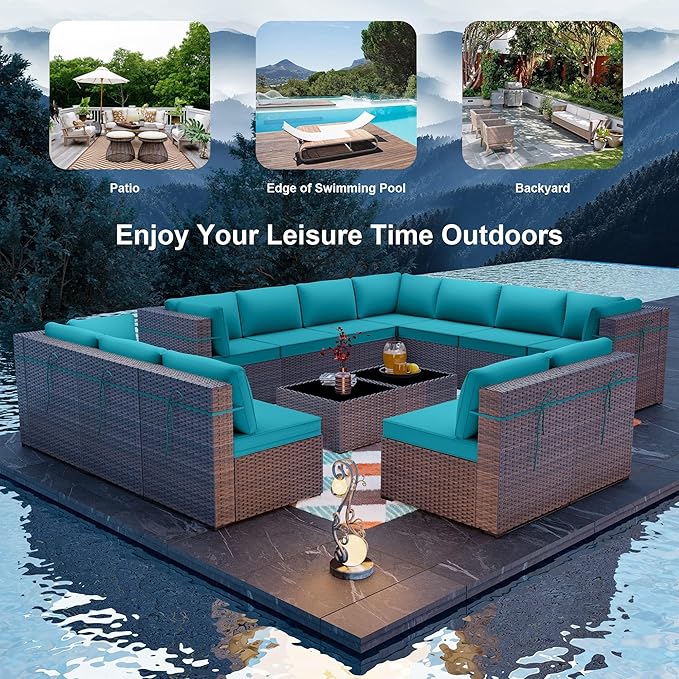 ALAULM 14 Pieces Patio Furniture Set Wicker Patio Conversation Set, Outdoor Sectional Furniture w/Coffee Table & Washable Seat Cushions-Blue