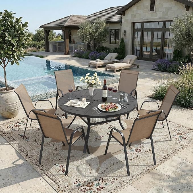 DIFY 7 Piece Outdoor Dining Set, 48" Black Round Metal Dining Table and Brown Textilene Stackable Patio Chairs, Patio Table and Chairs Set for 6 with Umbrella Hole for Backyard Garden Deck