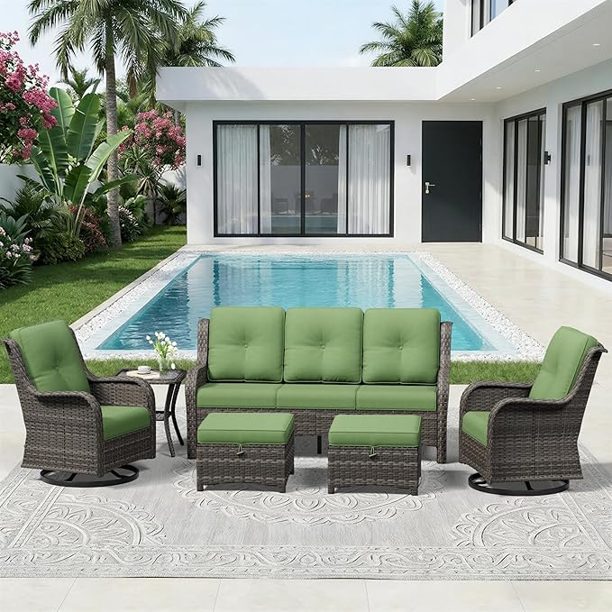 6 Piece Outdoor Wicker Patio Furniture Set, Outdoor Swivel Rocker Patio Chairs Set with Thickened Olefin Cushions, High Back and Deep Seating, Hand-Woven PE Rattan for Porch, Deck