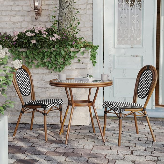 Flash Furniture Lourdes Indoor/Outdoor Commercial Bistro Table - Tempered Glass Top - PE Rattan - Natural Bamboo Print Aluminum Frame - 31.5" - Black/White