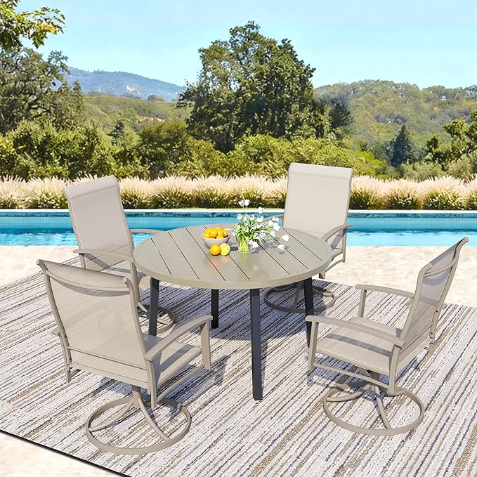 5 Piece Outdoor Patio Dining Set for 4, 42" Honey Oak Round Metal Table with 4 Ivory Beige Swivel Chairs, All-Weather Outdoor Furniture Set for Backyard, Lawn, Deck, or Poolside