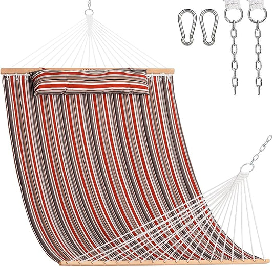 Lazy Daze Hammocks 12 FT Quilted Fabric Double Hammock with Spreader Bars and Detachable Pillow, 450lbs Weight Capacity, Red Brown