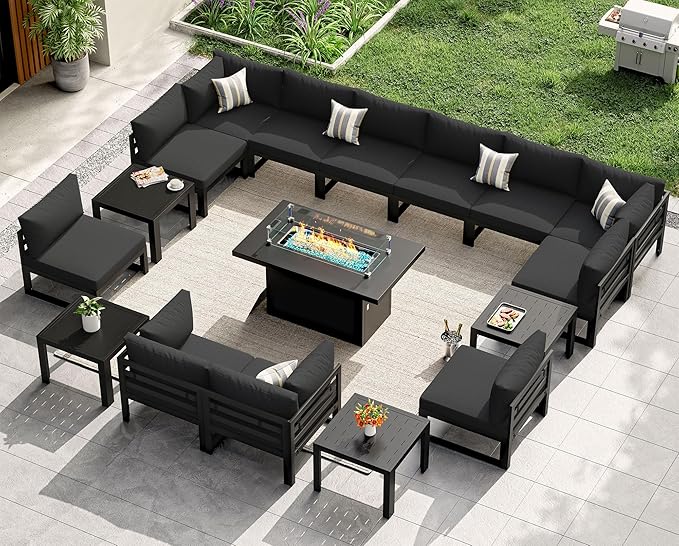 NICESOUL 17 Piece Extra Large Aluminum Patio Furniture Set with Fire Pit Table & End Table, 29" Deep Wide Seating, 500 lbs High Weight Capacity, Comfortable Outdoor Sectional Sofa for Poolside, Black