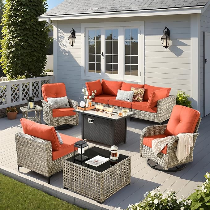 Outdoor Patio Furniture Sets,9 PCS Patio Conversation Set Outside Rattan Sectional Sofa with 42 in Fire Pit Table Wicker Rocking Chair Coffee Table Fit Backyard Porch Garden Poolside Balcony