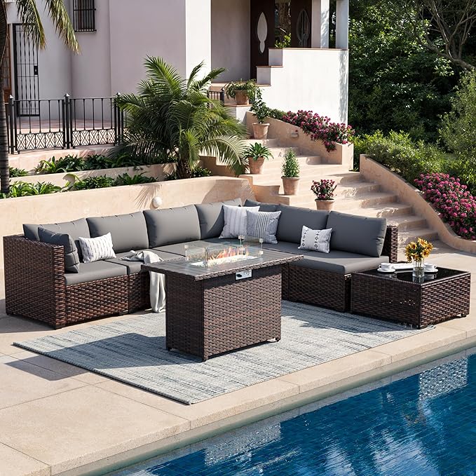 8 Piece Patio Furniture Set with 44" Fire Pit Table, Outdoor Sectional Wicker Rattan Sofa Set with Coffee Table (Grey/Brown)