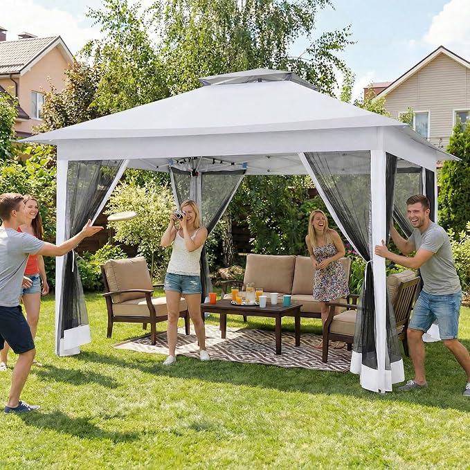 COBIZI 12x12 Pop Up Gazebos On Clearance - Upgrade Easy Up Metal Outdoor Gazebo Waterproof - Portable Gazebo with Mosquito Nettings, 4 Ropes 8 Stakes and Carry Bag for Patio Garden(Light Gray)