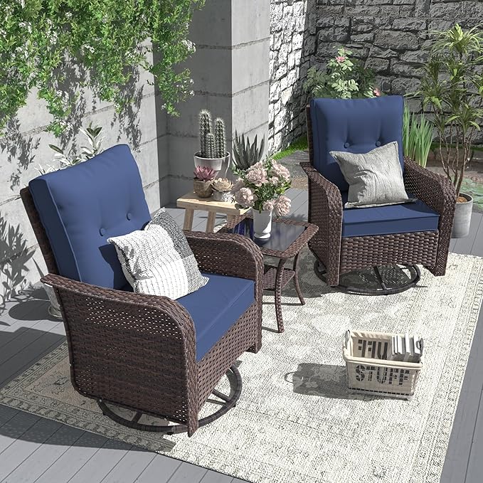 ALAULM 8 Pieces Patio Furniture Set with 2 Swivel Chairs Wicker Patio Conversation Set, Outdoor Sectional Furniture w/Coffee Table & Washable Seat Cushions-Dark Blue