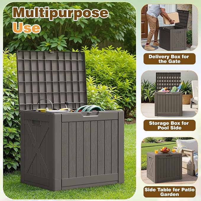 Flamaker Resin Deck Box 40 Gallon Waterproof Outdoor Indoor Storage Box Imitation Wood Resin for Patio Furniture Garden Tools and Pool (Deep Brown)
