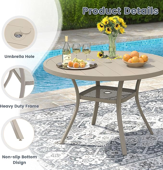 VICLLAX 7 Pieces Patio Outdoor Dining Set, 47.2" Round Metal Table with Umbrella Hole and 6 Stackable Textilene Chairs for Patio, Lawn, Garden, Porch, Sandshell