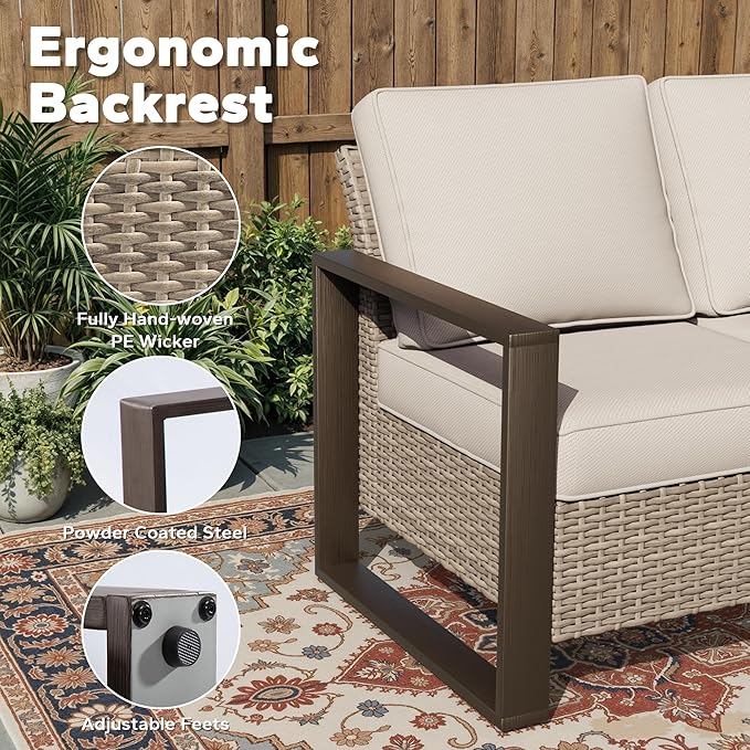 Joyside Outdoor Patio Chairs, 5 Pieces Wicker Rattan Furniture Set, 2 Patio Chairs, 2 Sofa and 2 Ottoman, Metal Wide Armrest, Thick Cushions and Deep Seating for Garden, Backyard, Porch, Deck