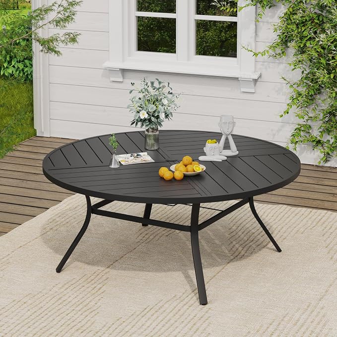 VICLLAX Outdoor Table and Chairs Set for 8, Patio Dining Set of 60 Metal Round Patio Table with Umbrella Hole & 9 Swivel Outdoor Dining Chairs for Backyard Lawn, Mixed Brown & Black