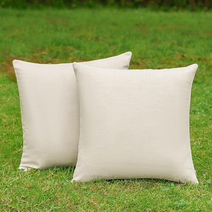 NiNi ALL Pack of 2 Decorative Outdoor Waterproof Pillow Covers Square Garden Linen Textured Cushion Sham Throw Pillowcase Set of 2 for Patio Farmhouse Garden Tent Couch 26x26 Inch Beige