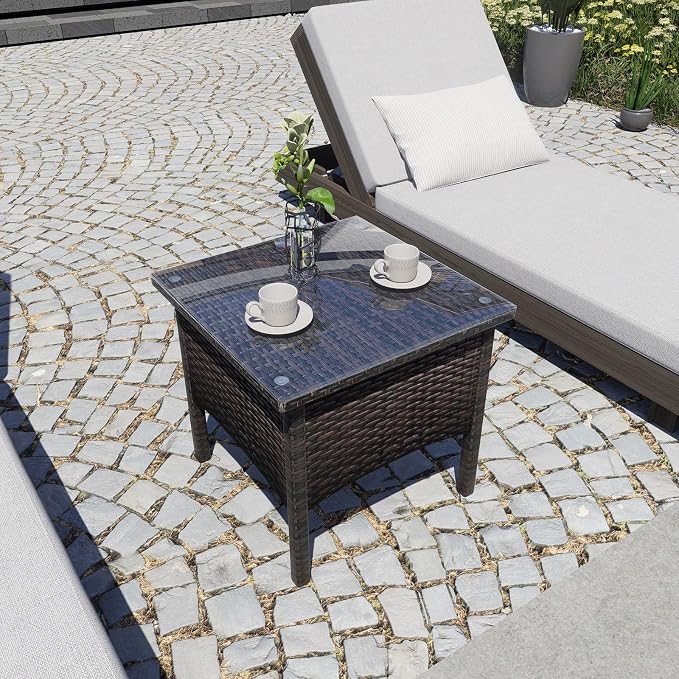 Rattan Side Table,Outdoor Patio Wicker Table,Modern Patio End Side Table with Glass Countertop and Storage Space,for Garden Balcony Porch (Brown2)