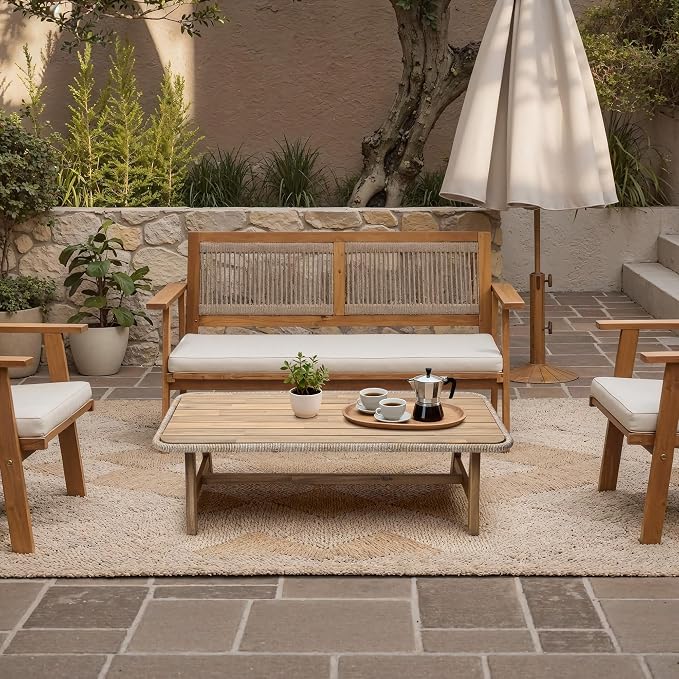 LuxenHome 47" Outdoor Coffee Table for Patio, Acacia Wood Patio Table with Woven Trim, Rectangular Outdoor Table for Patio, Balcony, and Porch