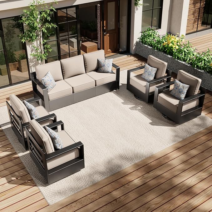 Aluminum Outdoor Conversation Furniture Set - All Weather Patio 79" Sofa with 4 Swivel Rocker Chairs, 6" Water-Resistant Cushions & Furniture Covers & Metal Armrest for Backyard (Beige)